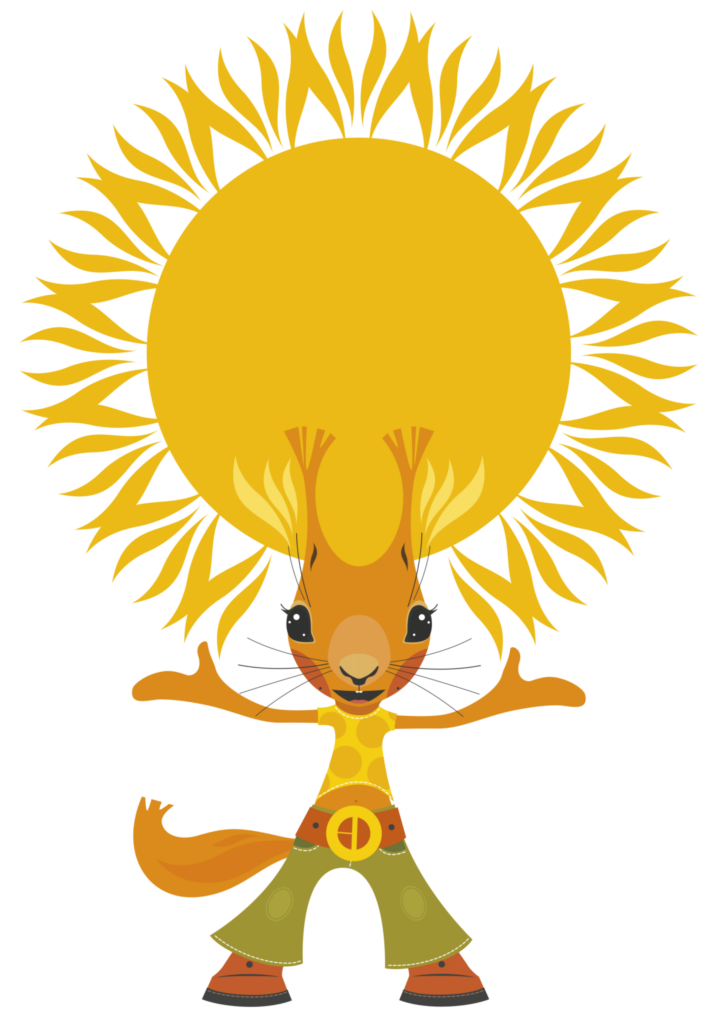 Iloinen orava levittelee käsiään, taustalla aurinko.