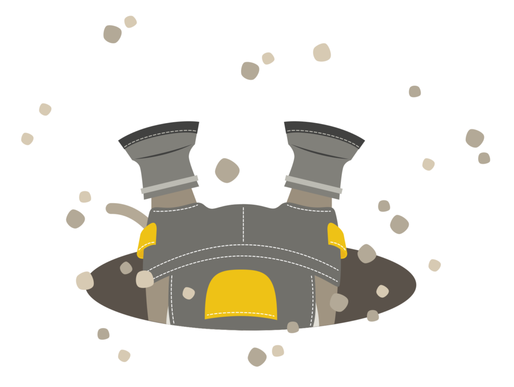 Myyrästä näkyy vaan jalat, kun hän hyppää kuoppaan.