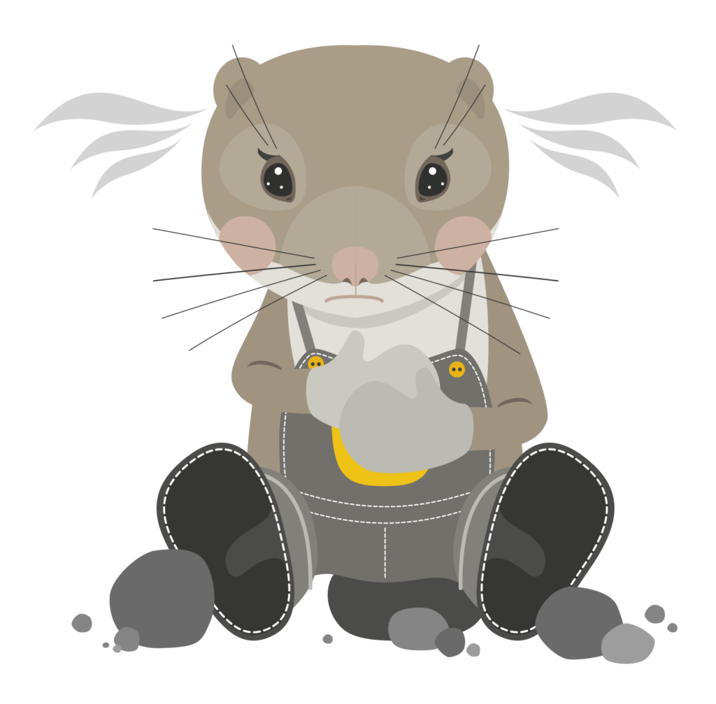 Myyrä istuu maassa toimettomana ja murjottaa. Ympärillä kiviä.