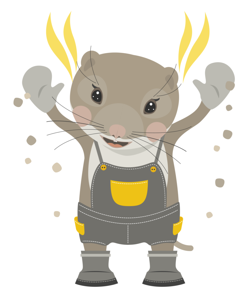 Iloinen myyrä riemuitsee ja tuulettaa kädet ylhäällä.