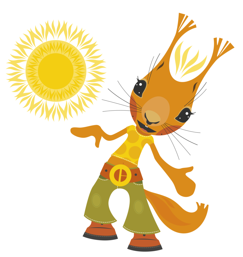 Orava hymyilee, taustalla aurinko.