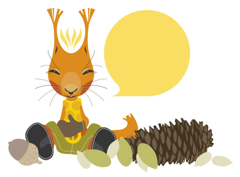 Orava istuu hihitellen ja pitelee mahaansa. Maassa siemeniä ja käpyjä.