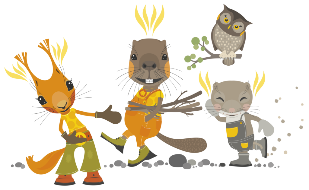 Neljä erilaista piirroshahmoa: orava, majava, pöllö ja myyrä.