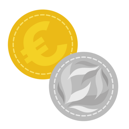 Kaksi kolikkoa, kultainen ja hopea.