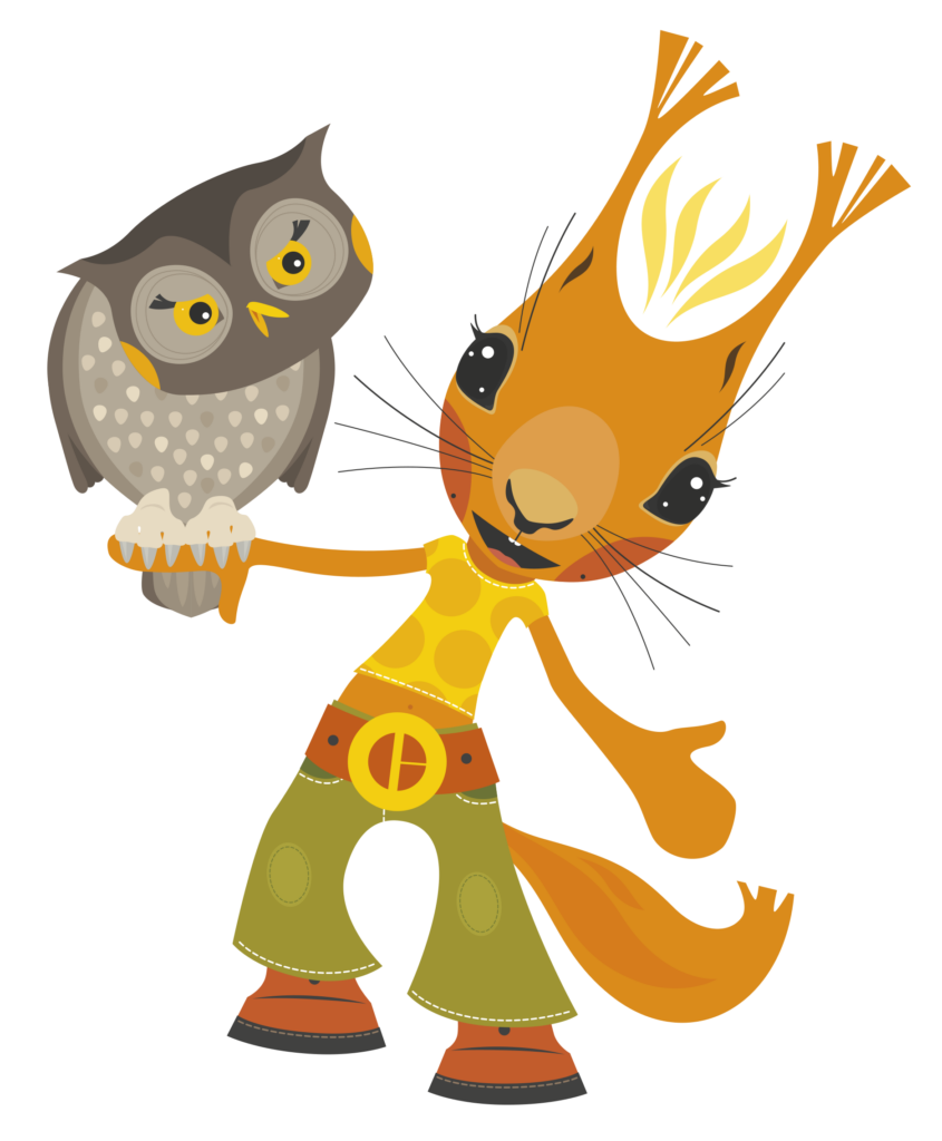 Iloinen orava, jonka kädellä on epäileväisen näköinen pöllö.